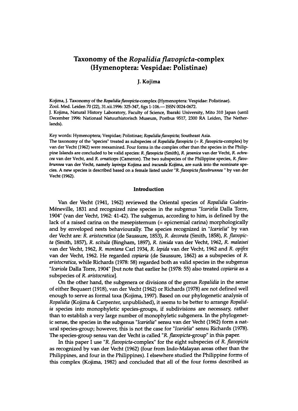 Taxonomy of the Ropalidia Flavopicta-Complex (Hymenoptera: Vespidae: Polistinae)