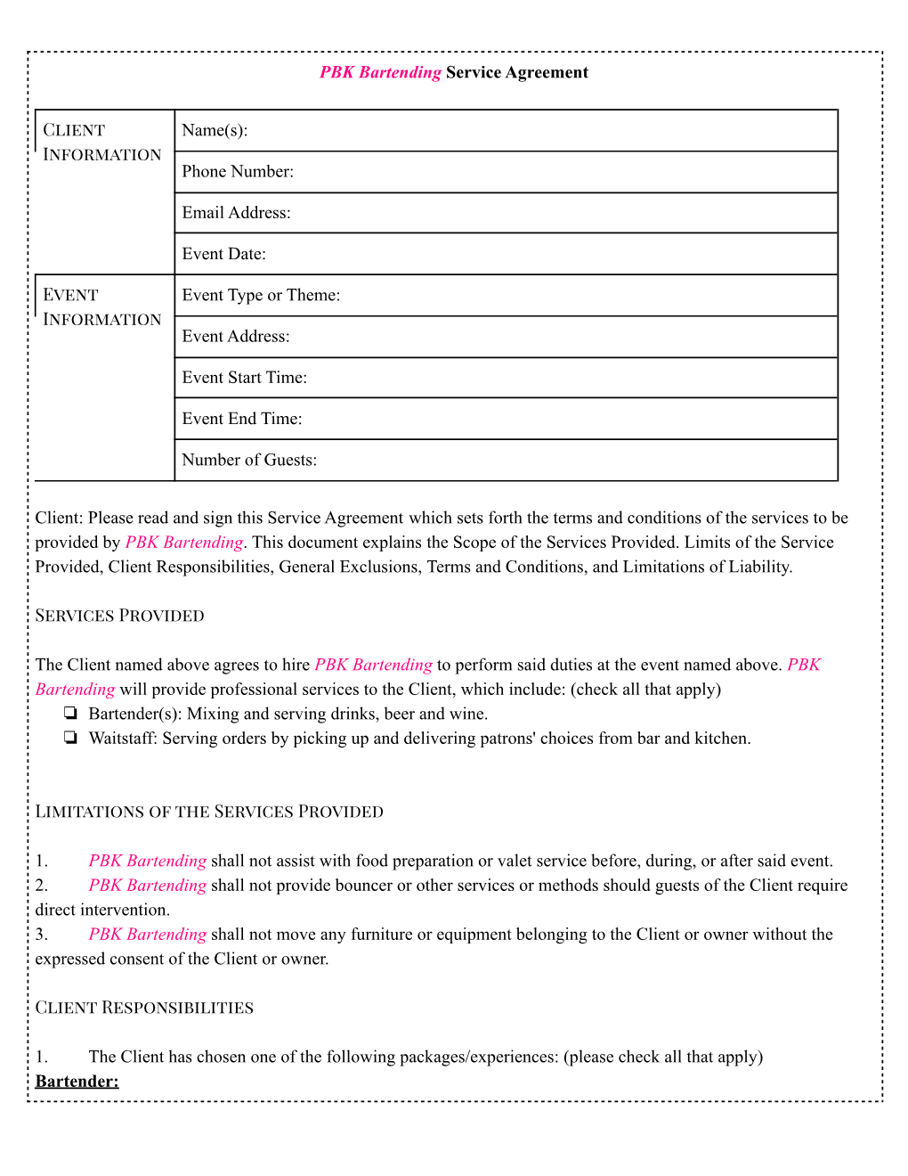 PBK Bartending Service Agreement