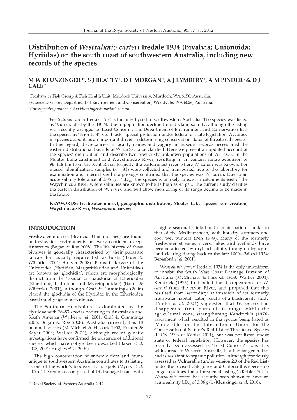 Distribution of Westralunio Carteri Iredale 1934 (Bivalvia: Unionoida: Hyriidae) on the South Coast of Southwestern Australia, Including New Records of the Species