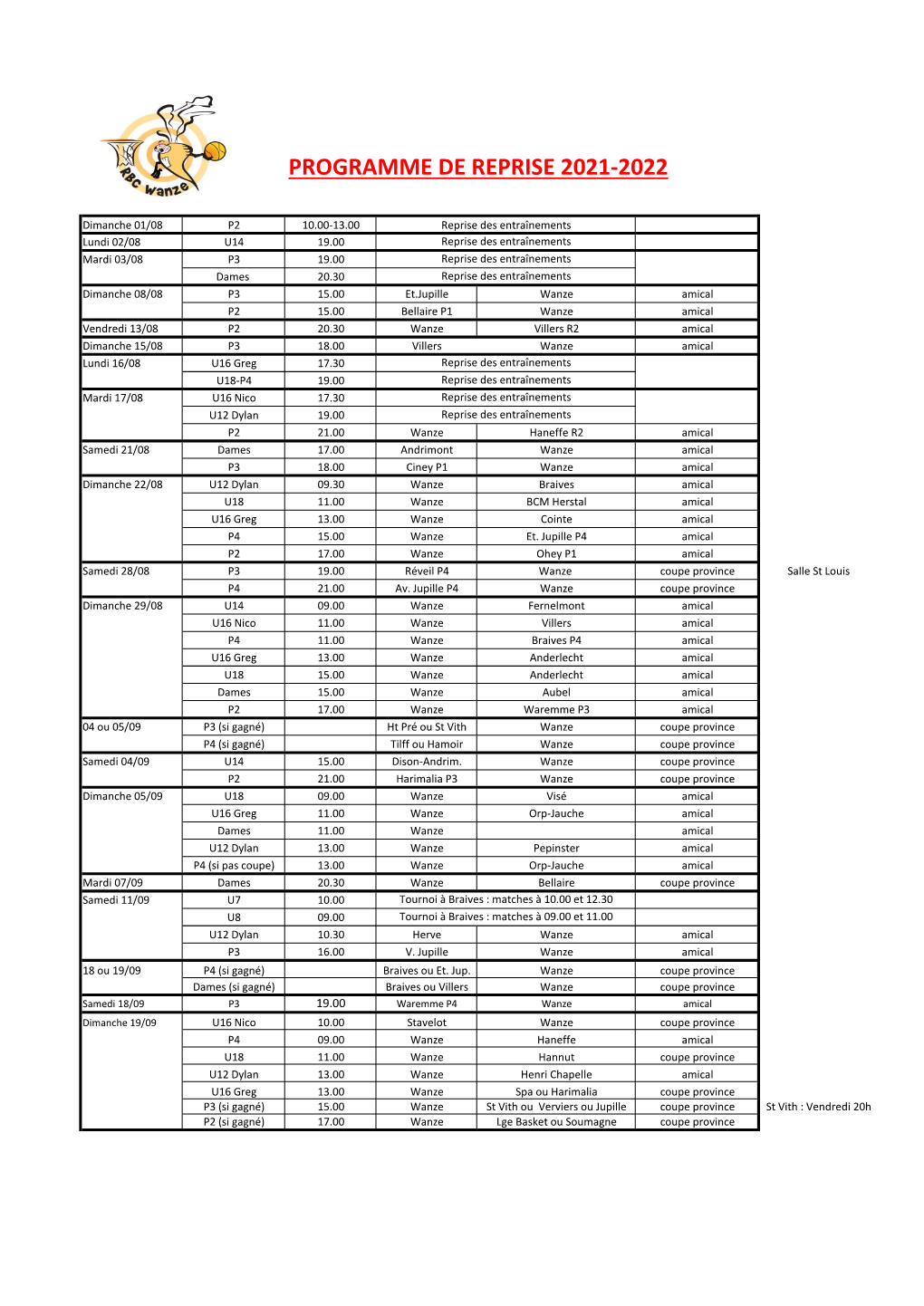 Programme De Reprise 2021-2022