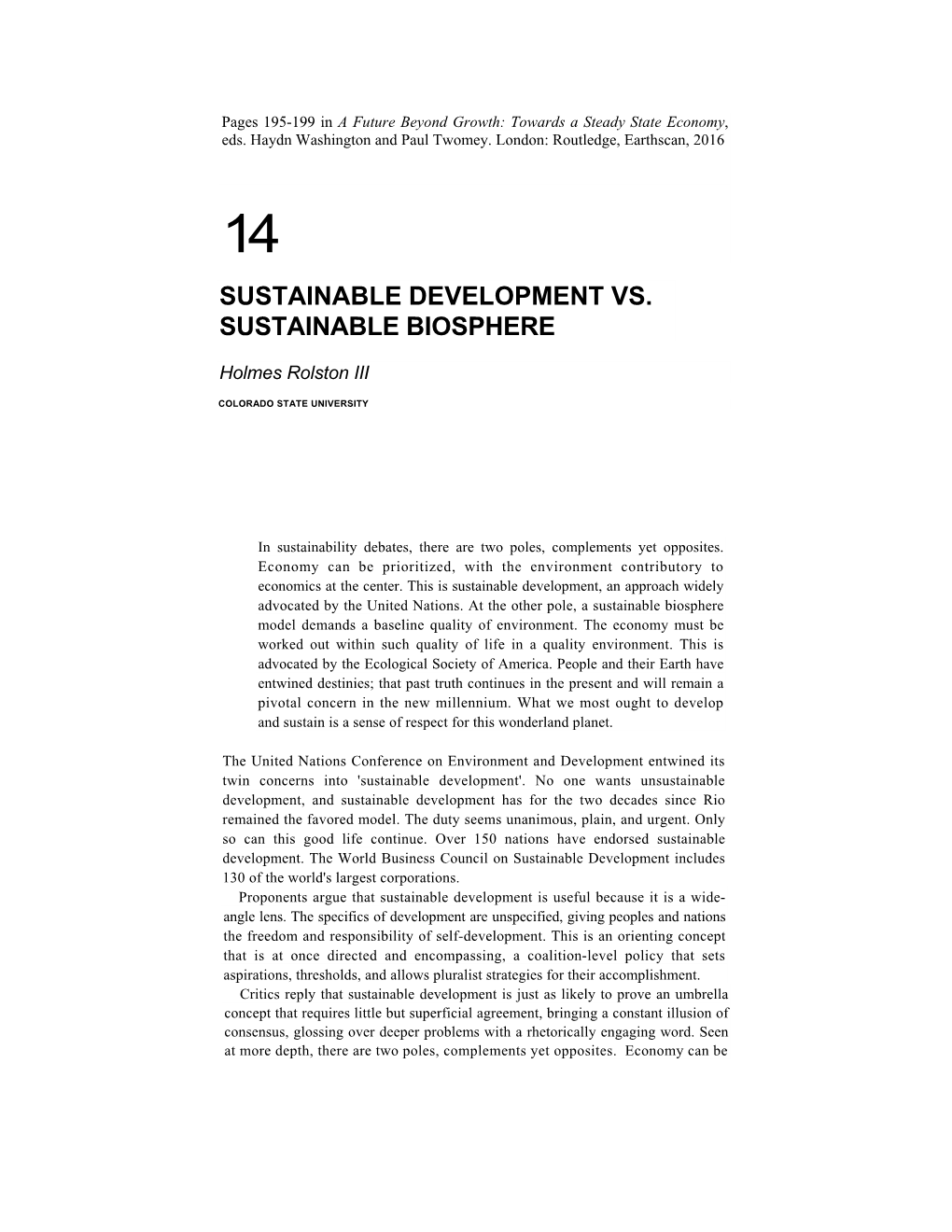 Sustainable Development Vs. Sustainable Biosphere