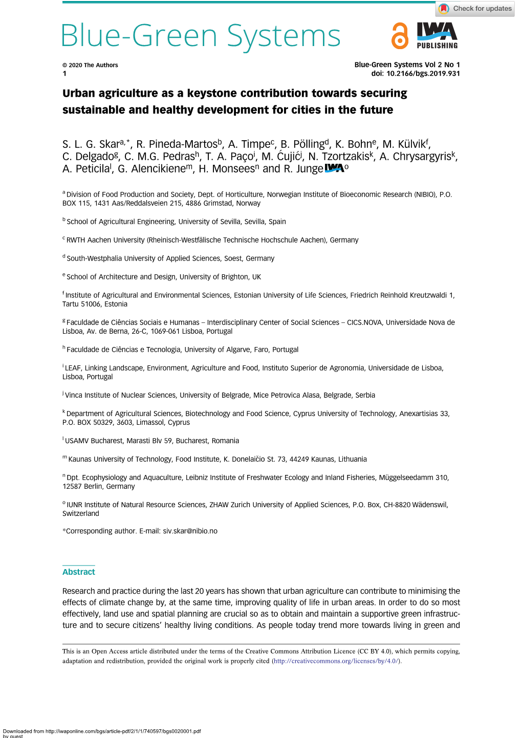 Urban Agriculture As a Keystone Contribution Towards Securing Sustainable and Healthy Development for Cities in the Future