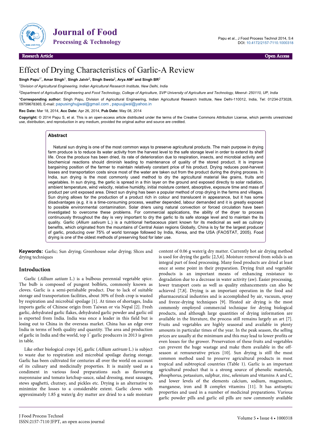 Effect of Drying Characteristics of Garlic-A Review