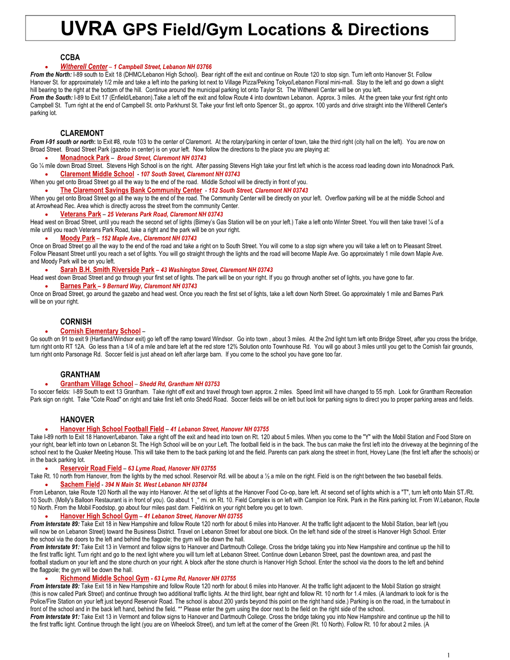 UVRA GPS Field/Gym Locations & Directions