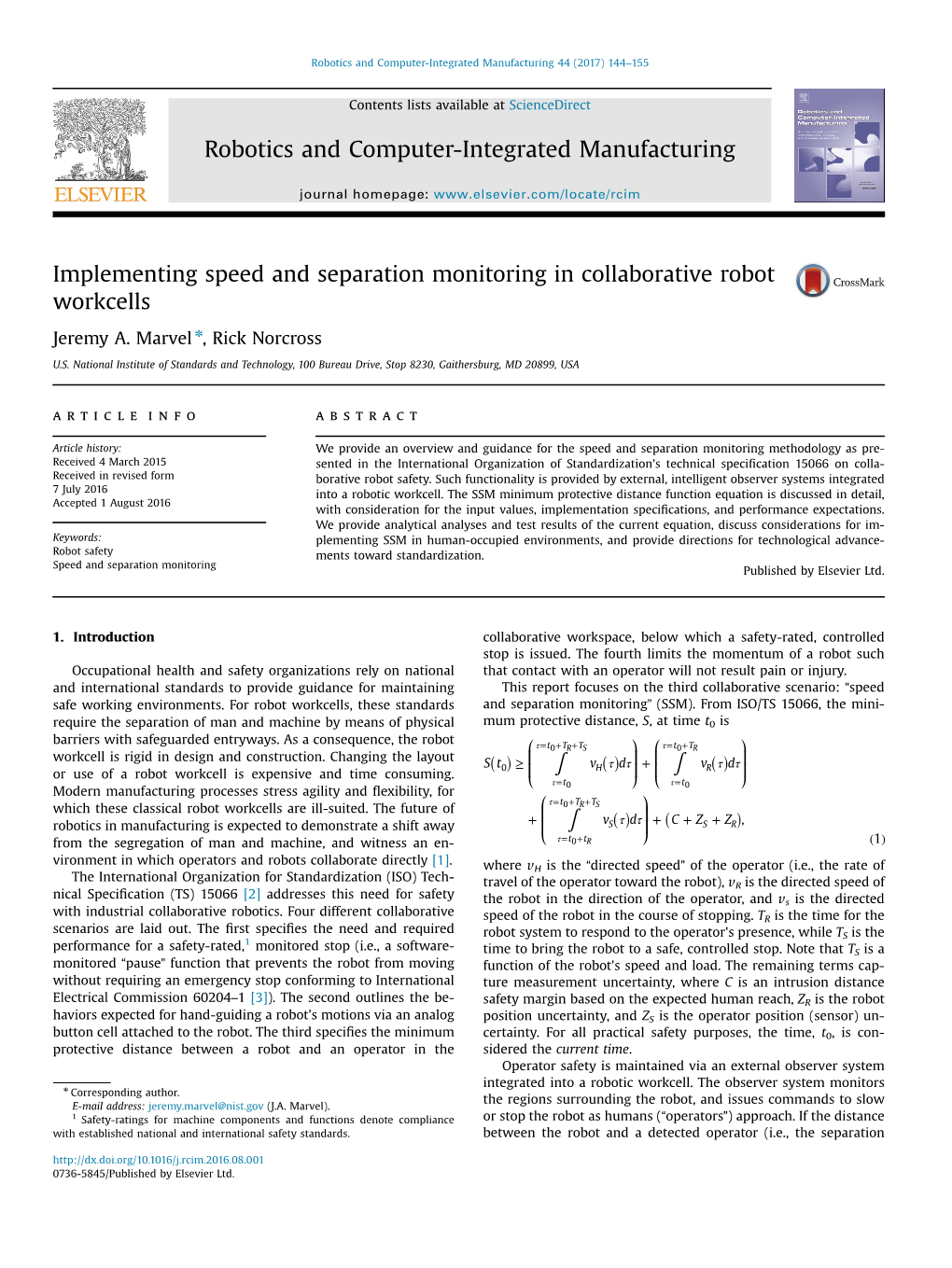 Implementing Speed and Separation Monitoring in Collaborative Robot Workcells