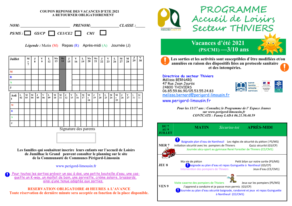 PROGRAMME Accueil De Loisirs Secteur THIVIERS