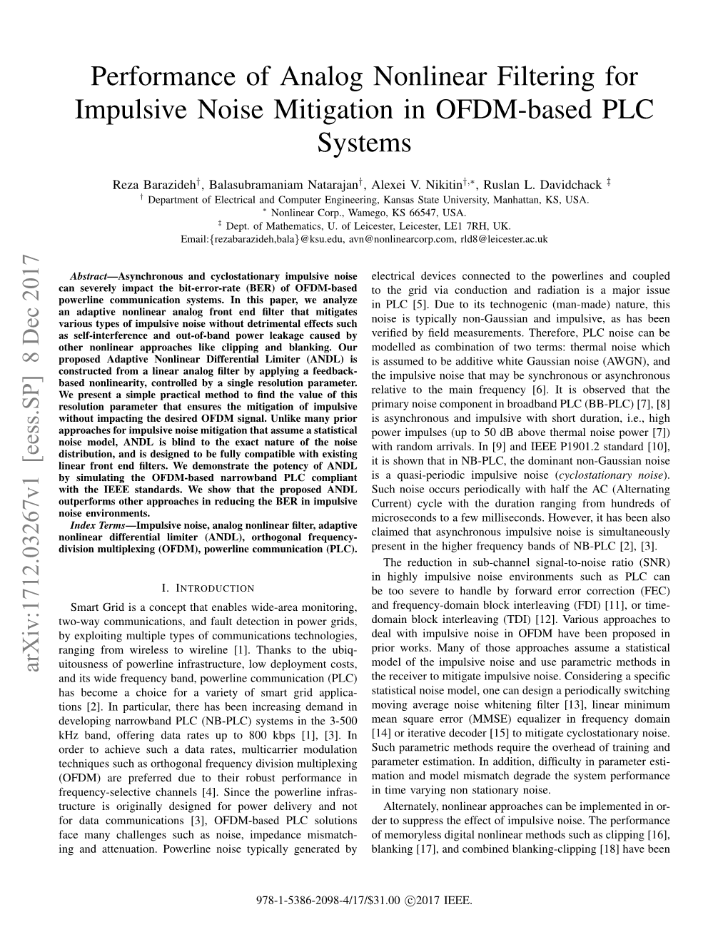 Performance of Analog Nonlinear Filtering for Impulsive Noise Mitigation in OFDM-Based PLC Systems