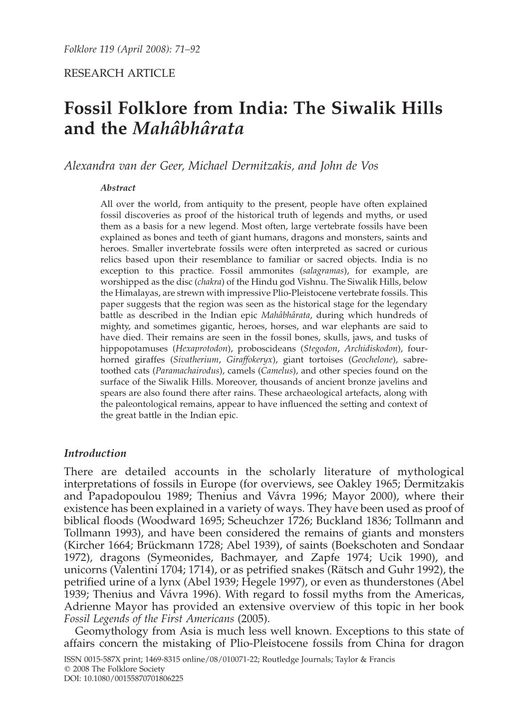 Fossil Folklore from India: the Siwalik Hills and the Mahaˆbhaˆrata