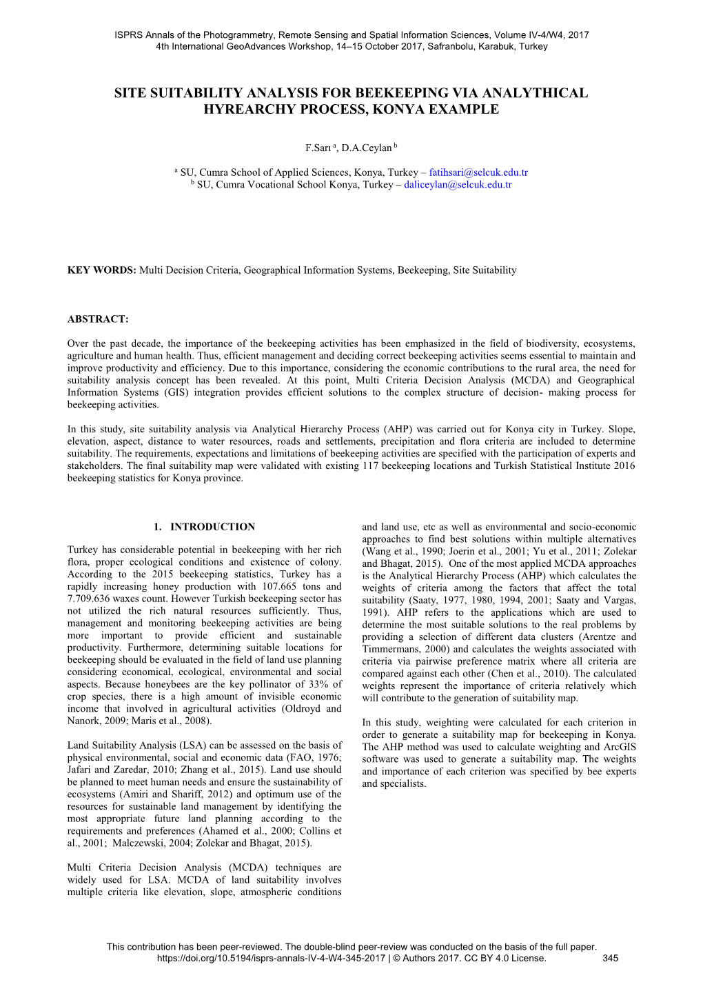 Site Suitability Analysis for Beekeeping Via Analythical Hyrearchy Process, Konya Example