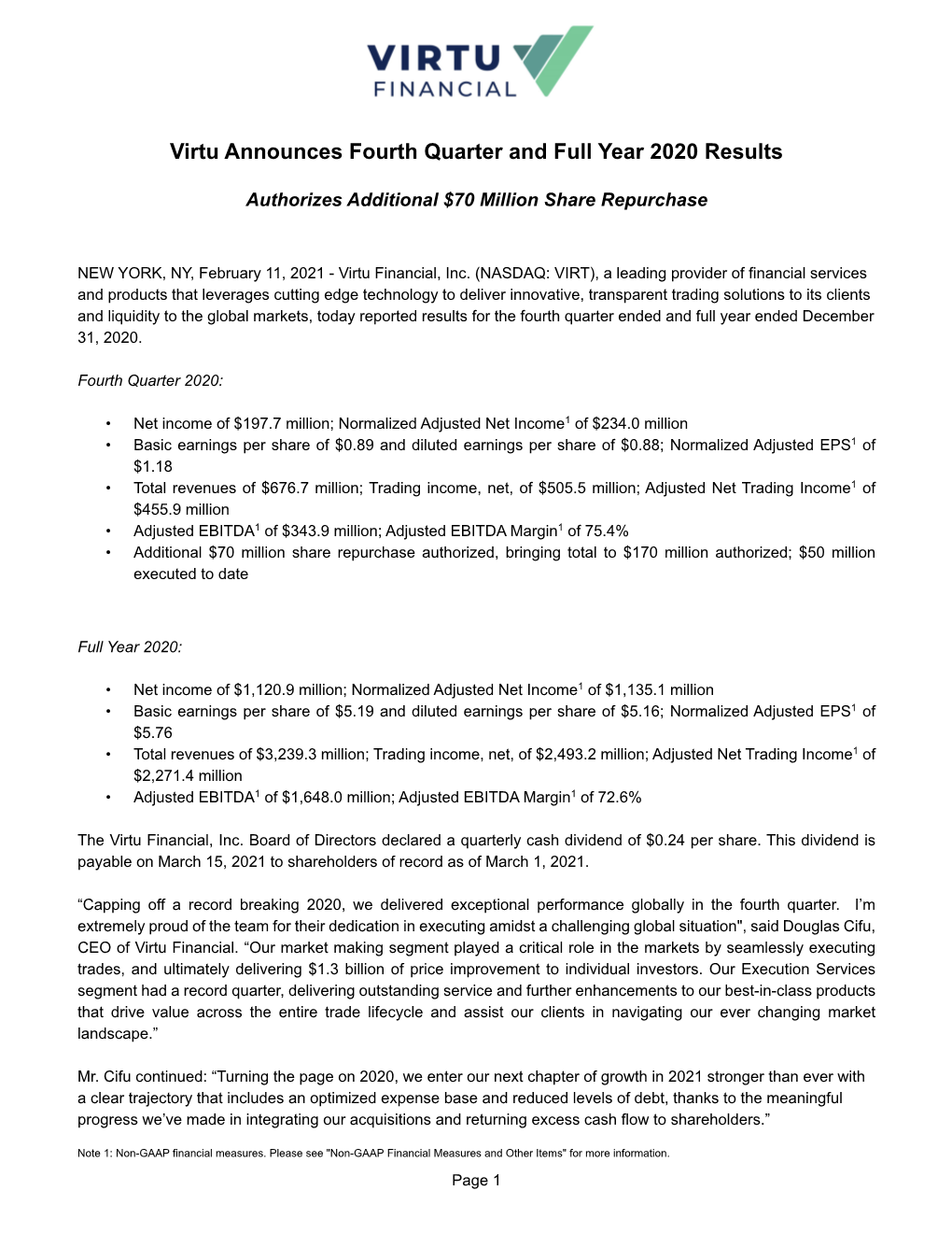 Virtu Announces Fourth Quarter and Full Year 2020 Results