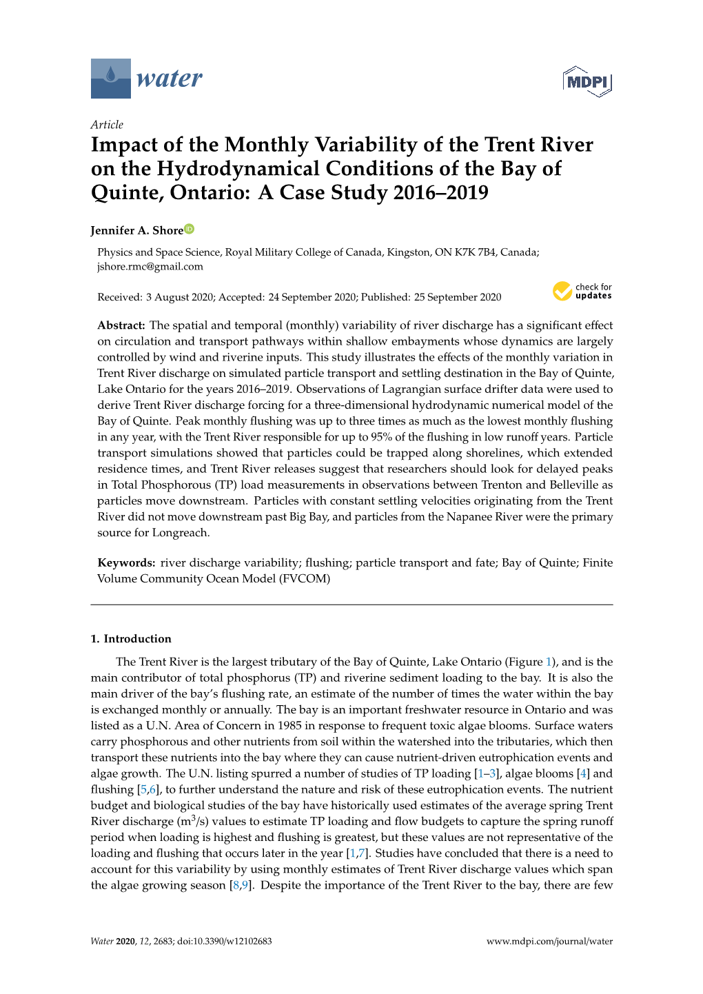 Impact of the Monthly Variability of the Trent River on the Hydrodynamical Conditions of the Bay of Quinte, Ontario: a Case Study 2016–2019