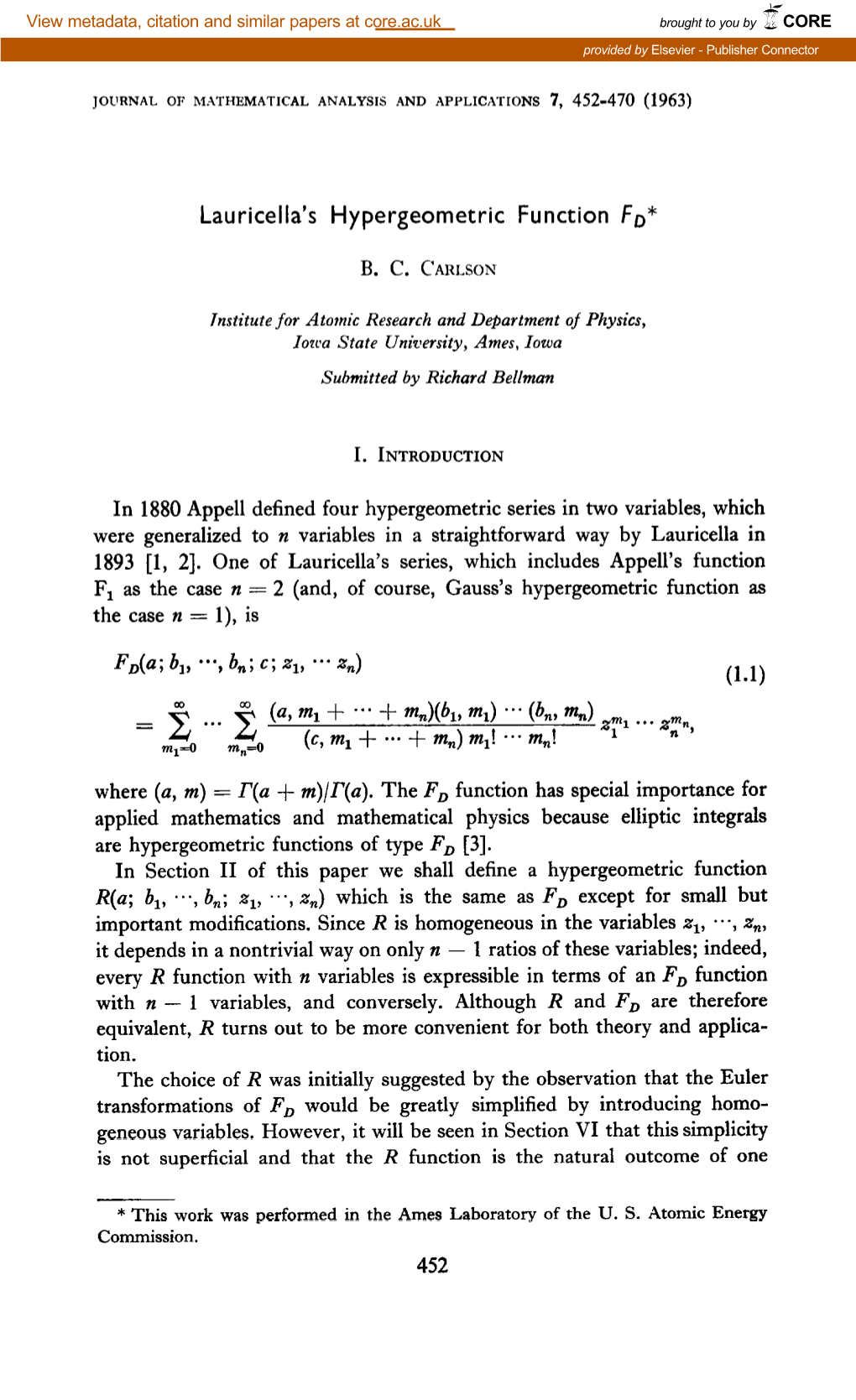 Lauricella's Hypergeometric Function