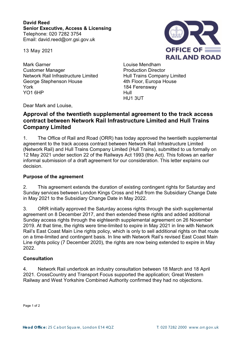 Hull Trains 20Th SA Decision Letter