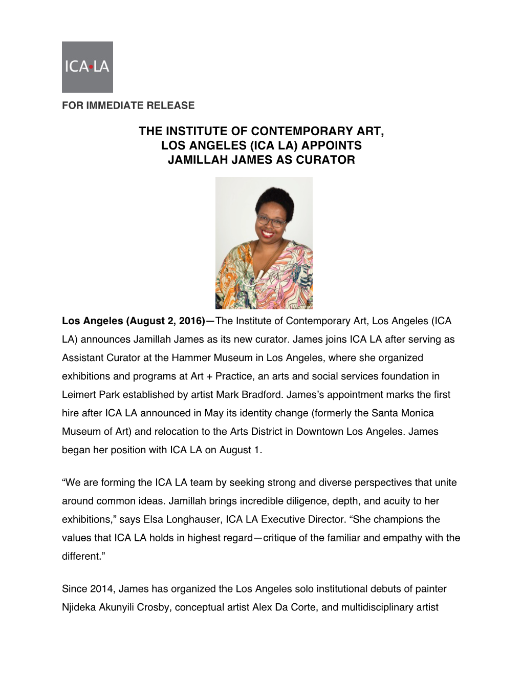 The Institute of Contemporary Art, Los Angeles (Ica La) Appoints Jamillah James As Curator