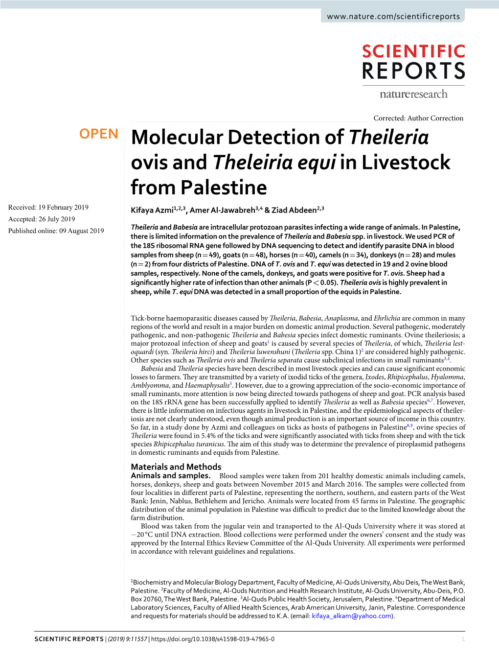 Molecular Detection of Theileria Ovis and Theleiria Equi in Livestock From