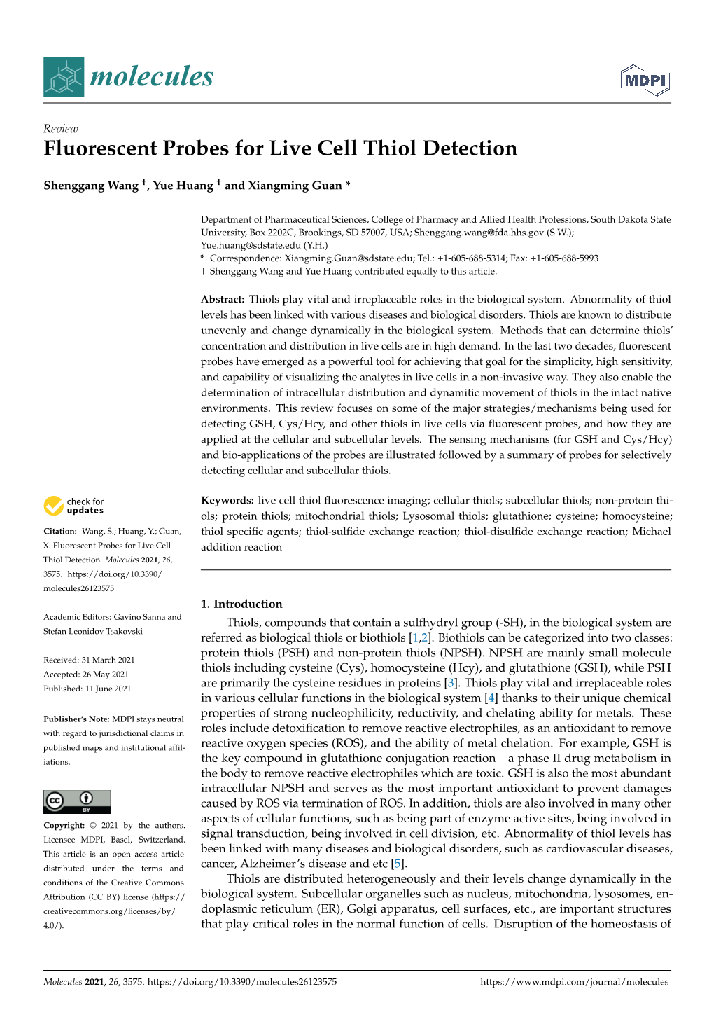 Fluorescent Probes for Live Cell Thiol Detection