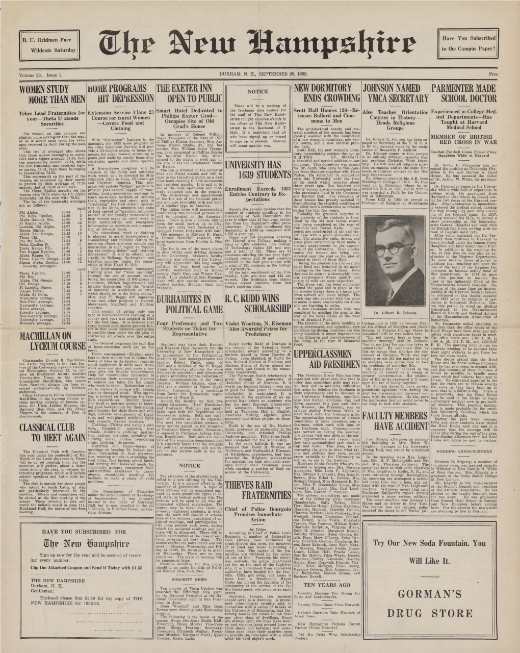 The New Hampshire, Vol. 23, No. 1 (Sept 29, 1932)