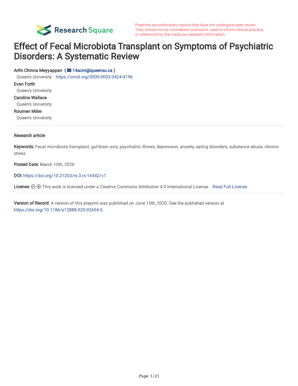 Effect of Fecal Microbiota Transplant on Symptoms of Psychiatric Disorders: a Systematic Review