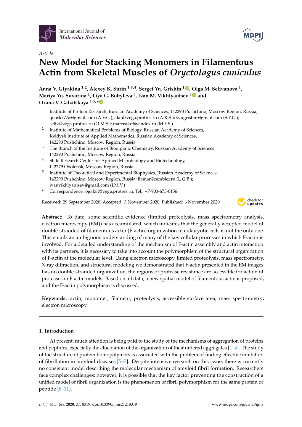 New Model for Stacking Monomers in Filamentous Actin from Skeletal Muscles of Oryctolagus Cuniculus