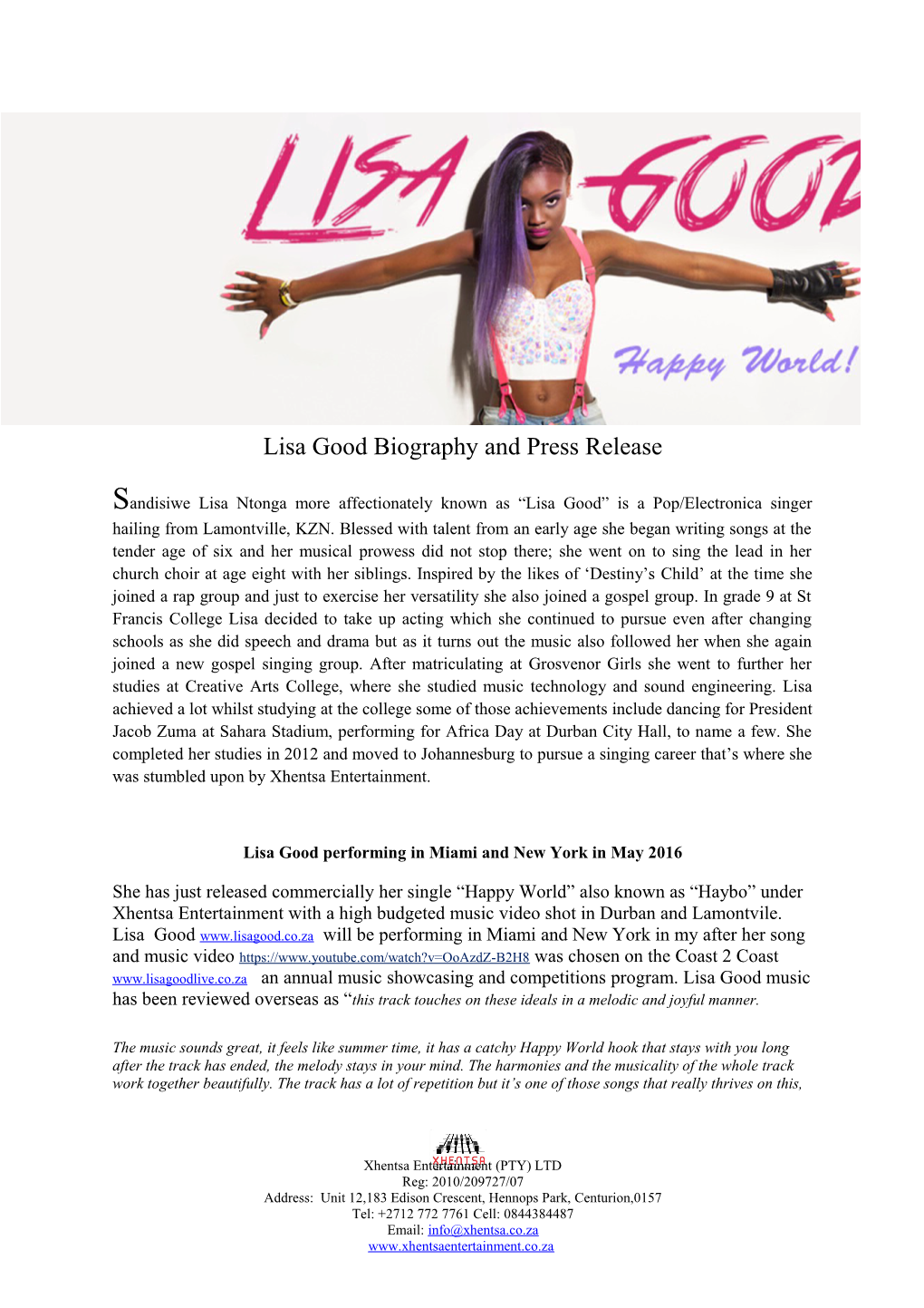 Lisa Good Biography and Press Release