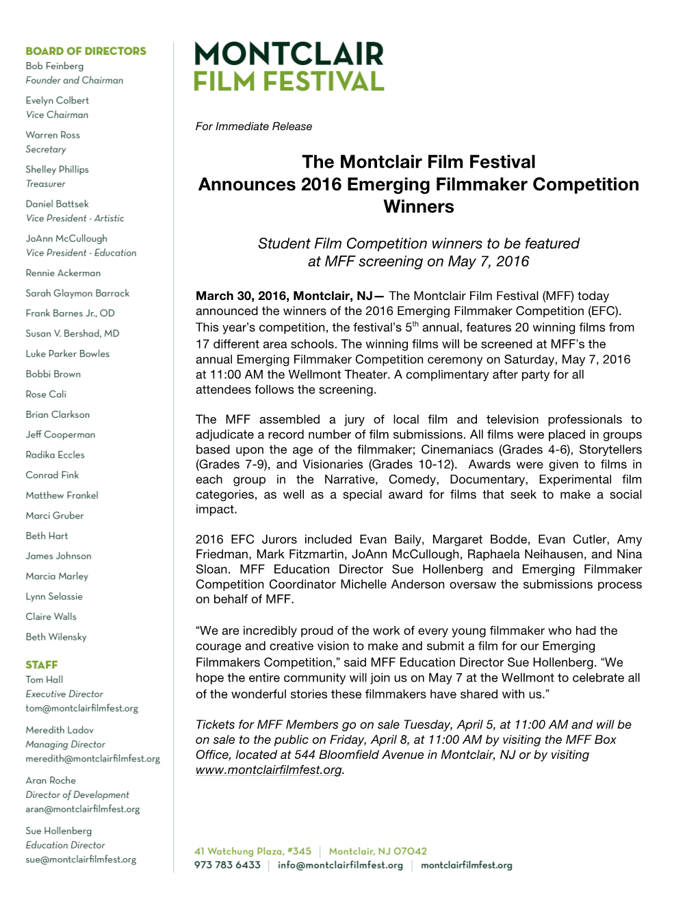 Montclair Film Festival Announces 2016 Emerging Filmmaker Competition Winners