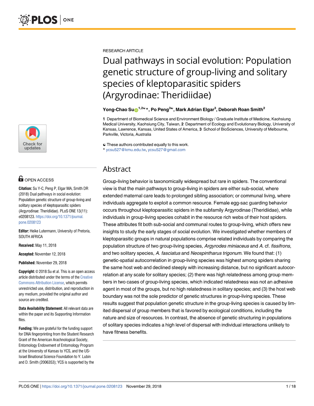 Population Genetic Structure of Group-Living and Solitary Species of Kleptoparasitic Spiders (Argyrodinae: Theridiidae)