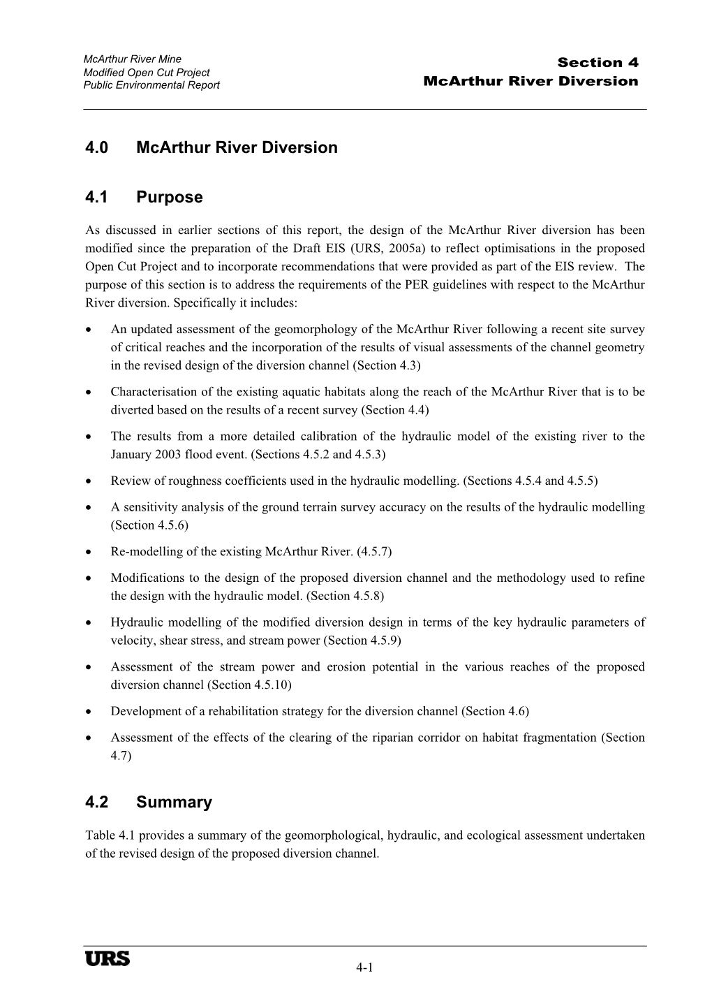 4.0 Mcarthur River Diversion 4.1 Purpose 4.2 Summary