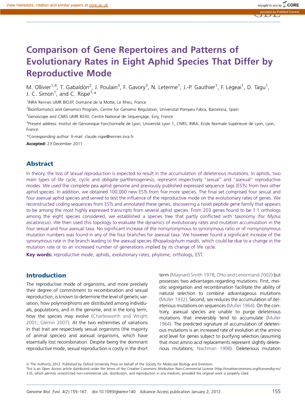 Comparison of Gene Repertoires and Patterns of Evolutionary Rates in Eight Aphid Species That Differ by Reproductive Mode