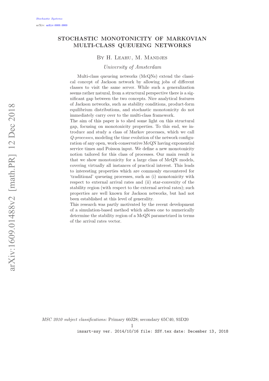 Stochastic Monotonicity of Markovian Multi-Class Queueing