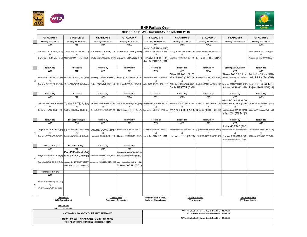 BNP Paribas Open ORDER of PLAY - SATURDAY, 10 MARCH 2018