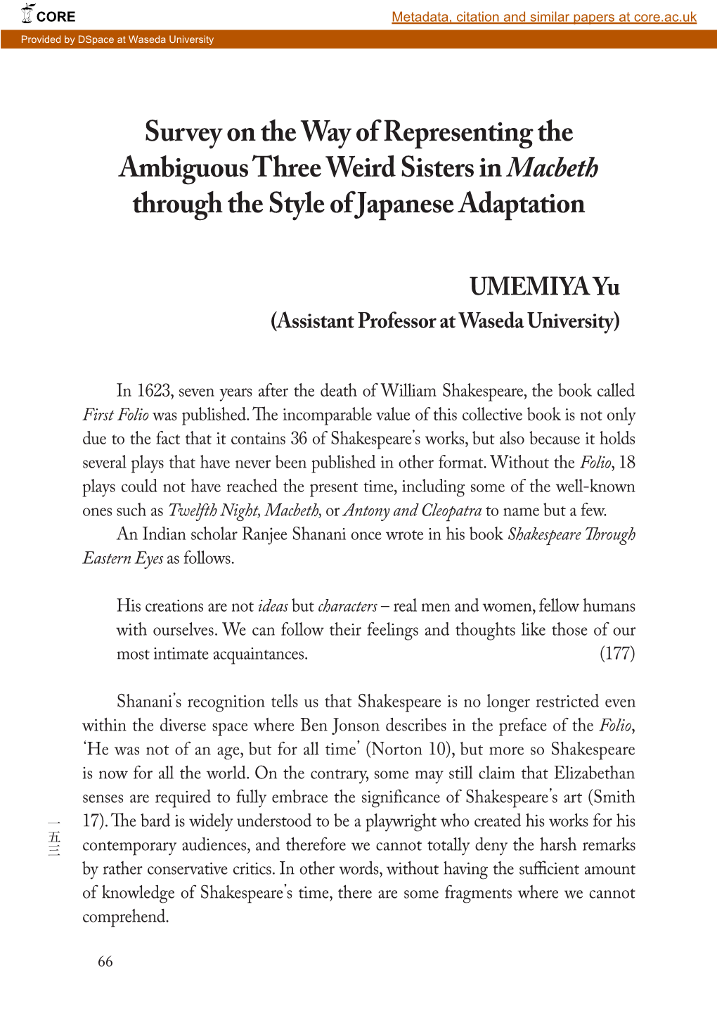 Survey on the Way of Representing the Ambiguous Three Weird Sisters in Macbeth Through the Style of Japanese Adaptation