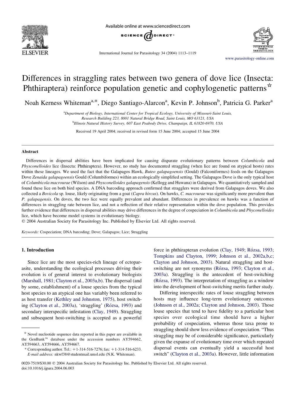 Differences in Straggling Rates Between Two Genera of Dove Lice (Insecta: Phthiraptera) Reinforce Population Genetic and Cophylogenetic Patterns*