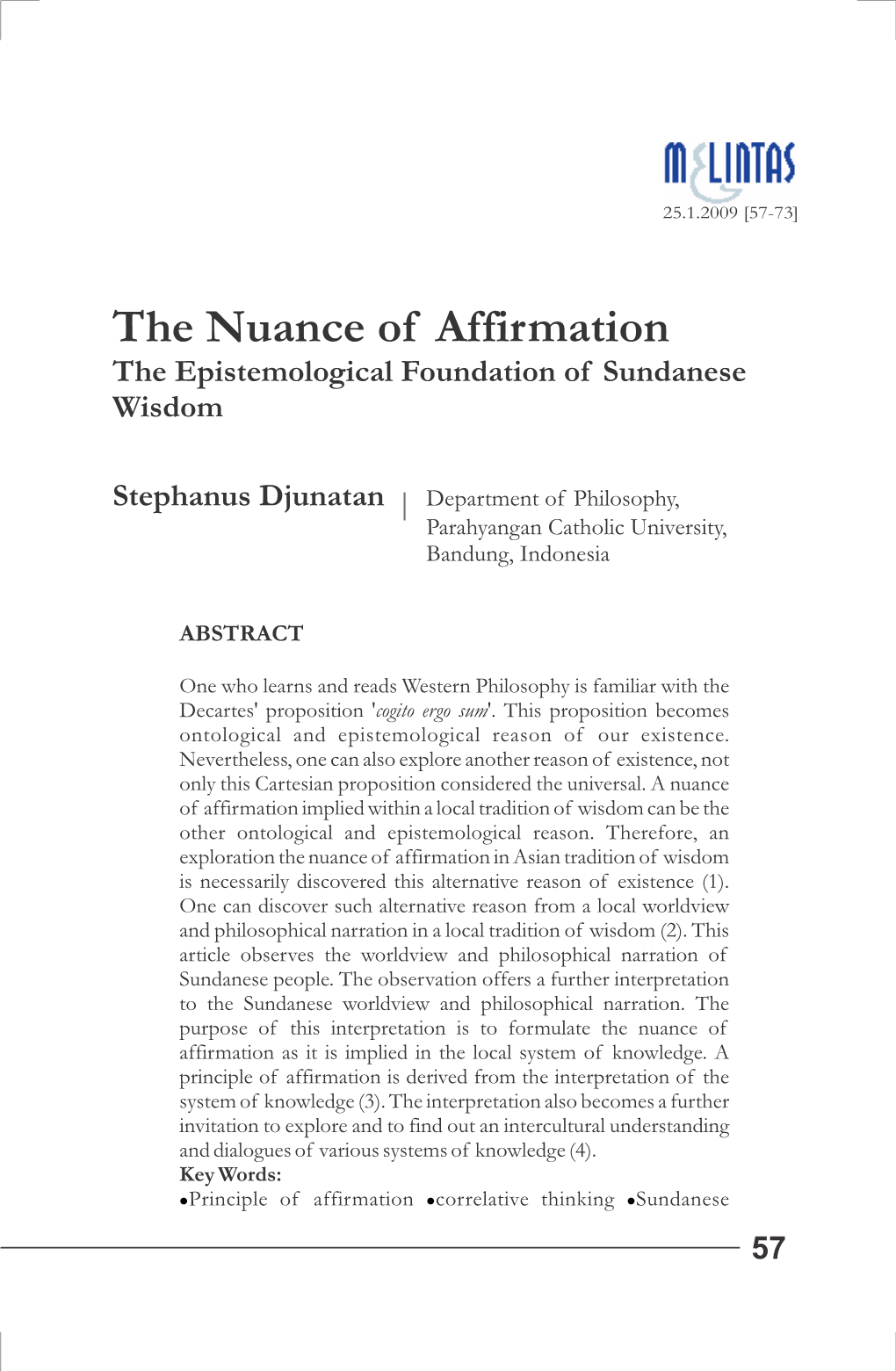 The Nuance of Affirmation the Epistemological Foundation of Sundanese Wisdom
