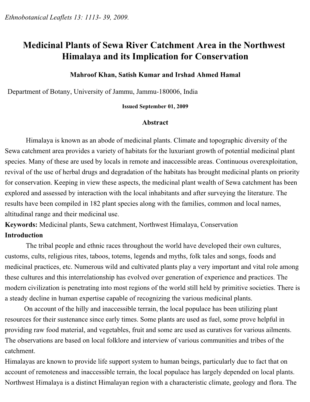 Medicinal Plants of Sewa River Catchment Area in the Northwest Himalaya and Its Implication for Conservation