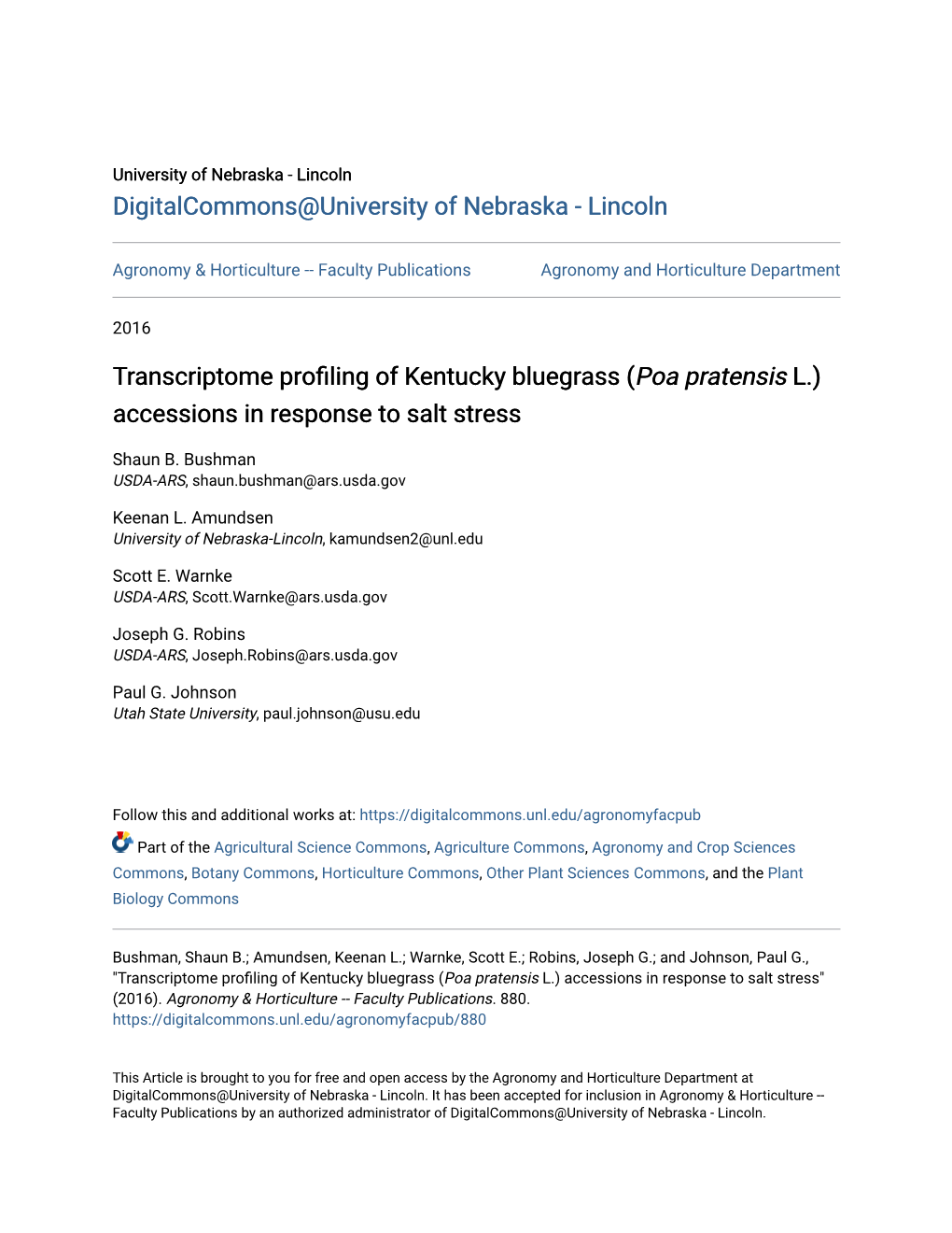 Transcriptome Profiling of Kentucky Bluegrass (Poa Pratensis L.) Accessions in Response to Salt Stress B