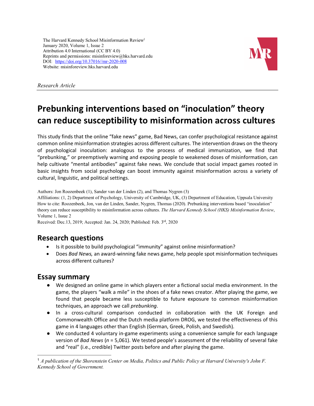 Prebunking Interventions Based on “Inoculation” Theory Can Reduce Susceptibility to Misinformation Across Cultures