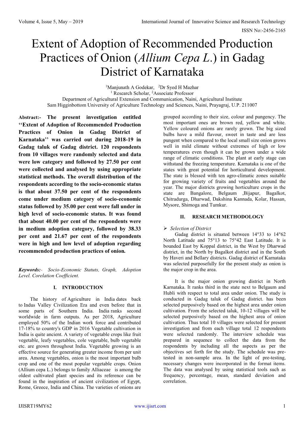 Extent of Adoption of Recommended Production Practices of Onion (Allium Cepa L.) in Gadag District of Karnataka