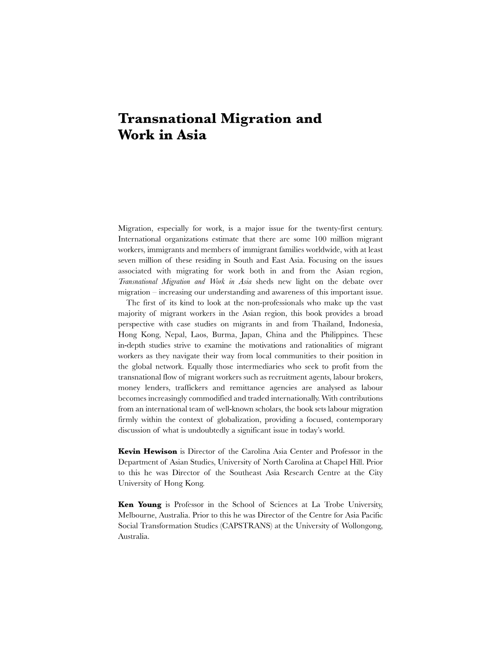 Transnational Migration and Work in Asia