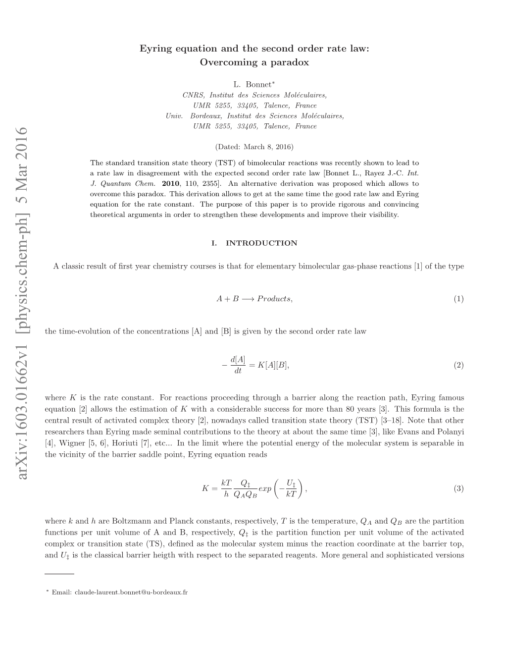 Eyring Equation and the Second Order Rate Law: Overcoming a Paradox