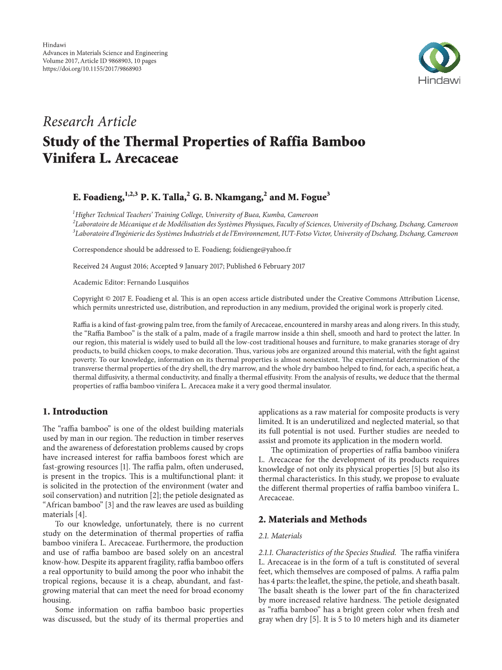 Study of the Thermal Properties of Raffia Bamboo Vinifera L. Arecaceae