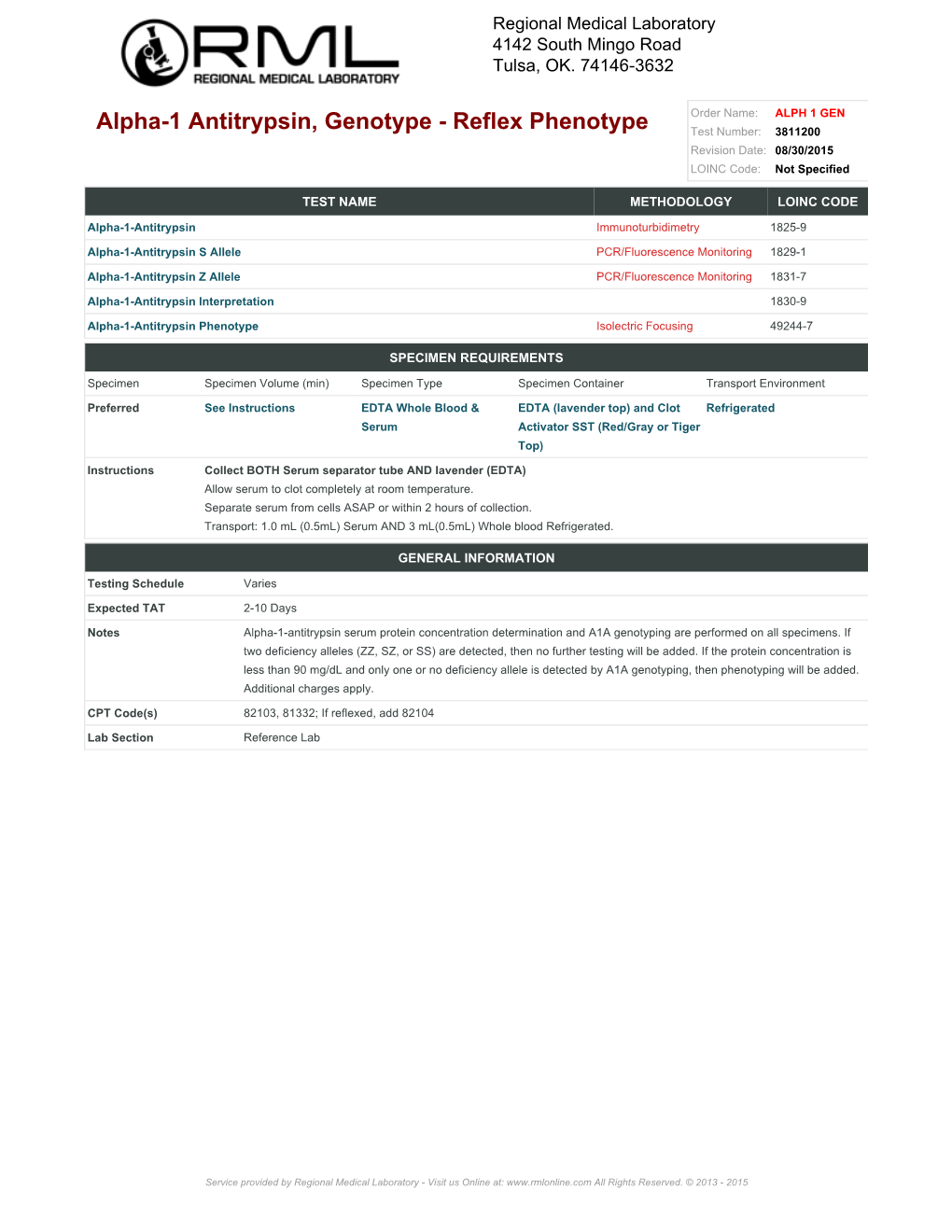 Genotype - Reflex Phenotype Test Number: 3811200 Revision Date: 08/30/2015 LOINC Code: Not Specified