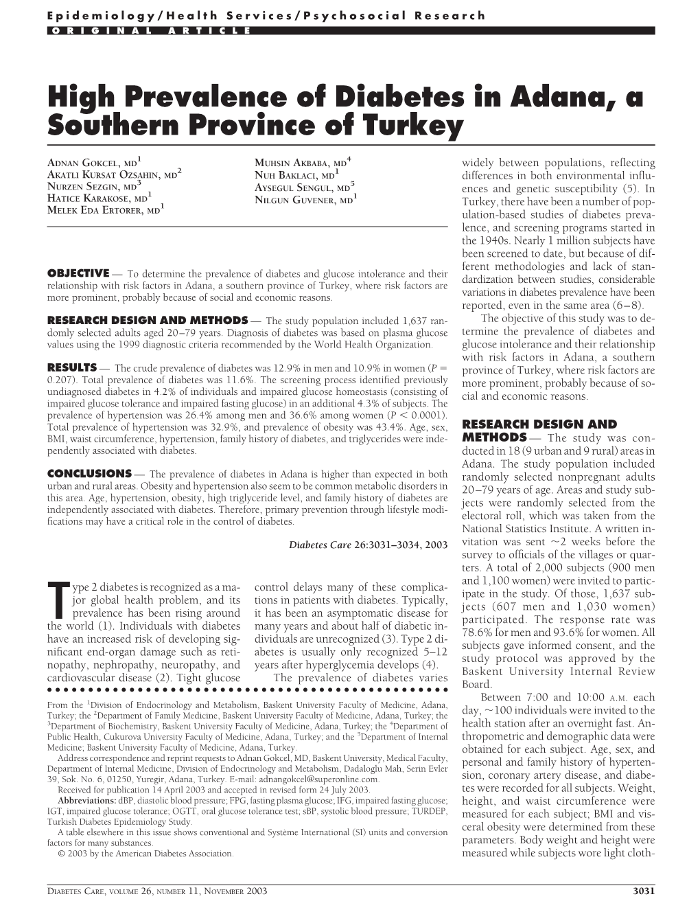 High Prevalence of Diabetes in Adana, a Southern Province of Turkey