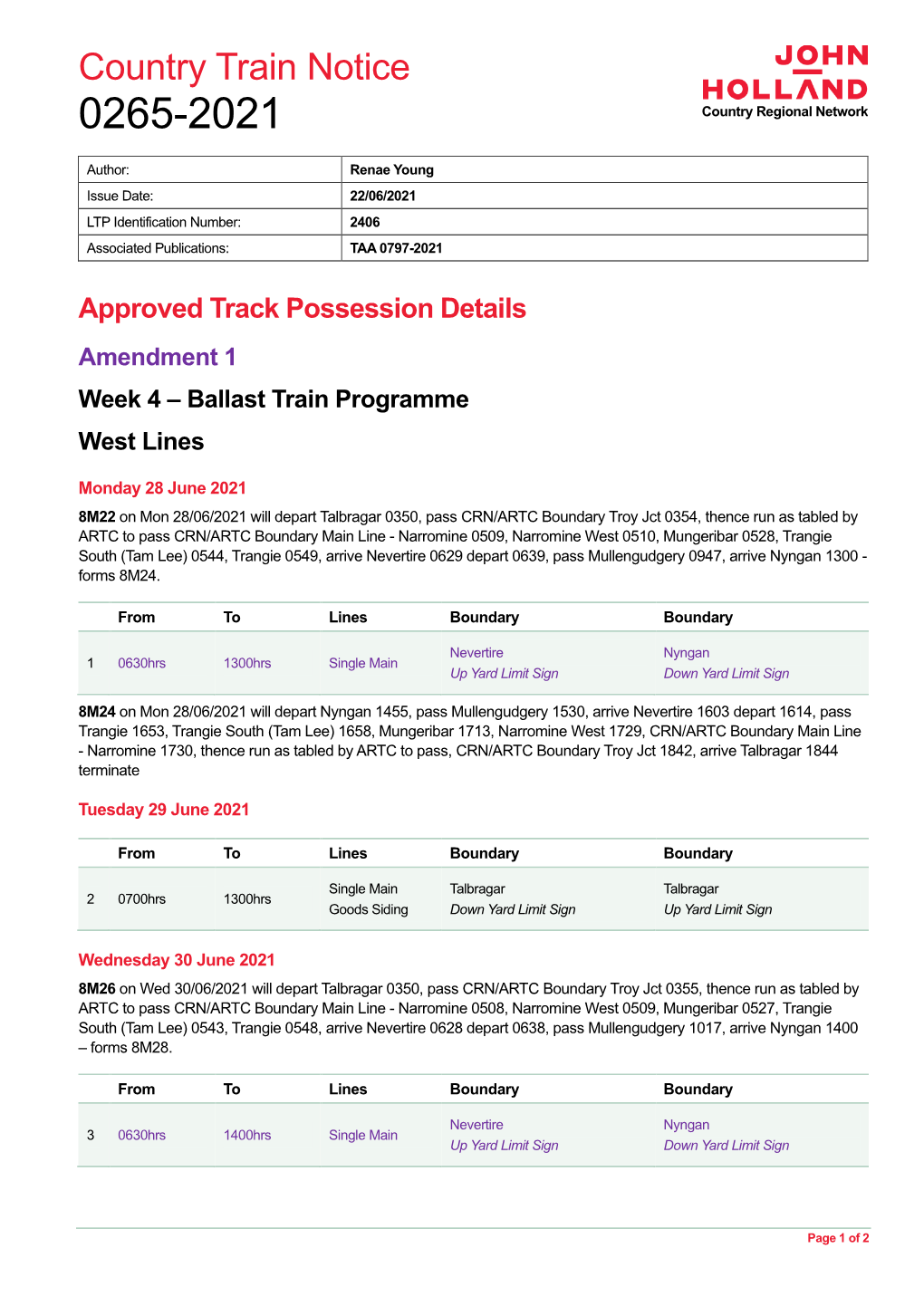 Country Train Notice 0265-2021 Country Regional Network