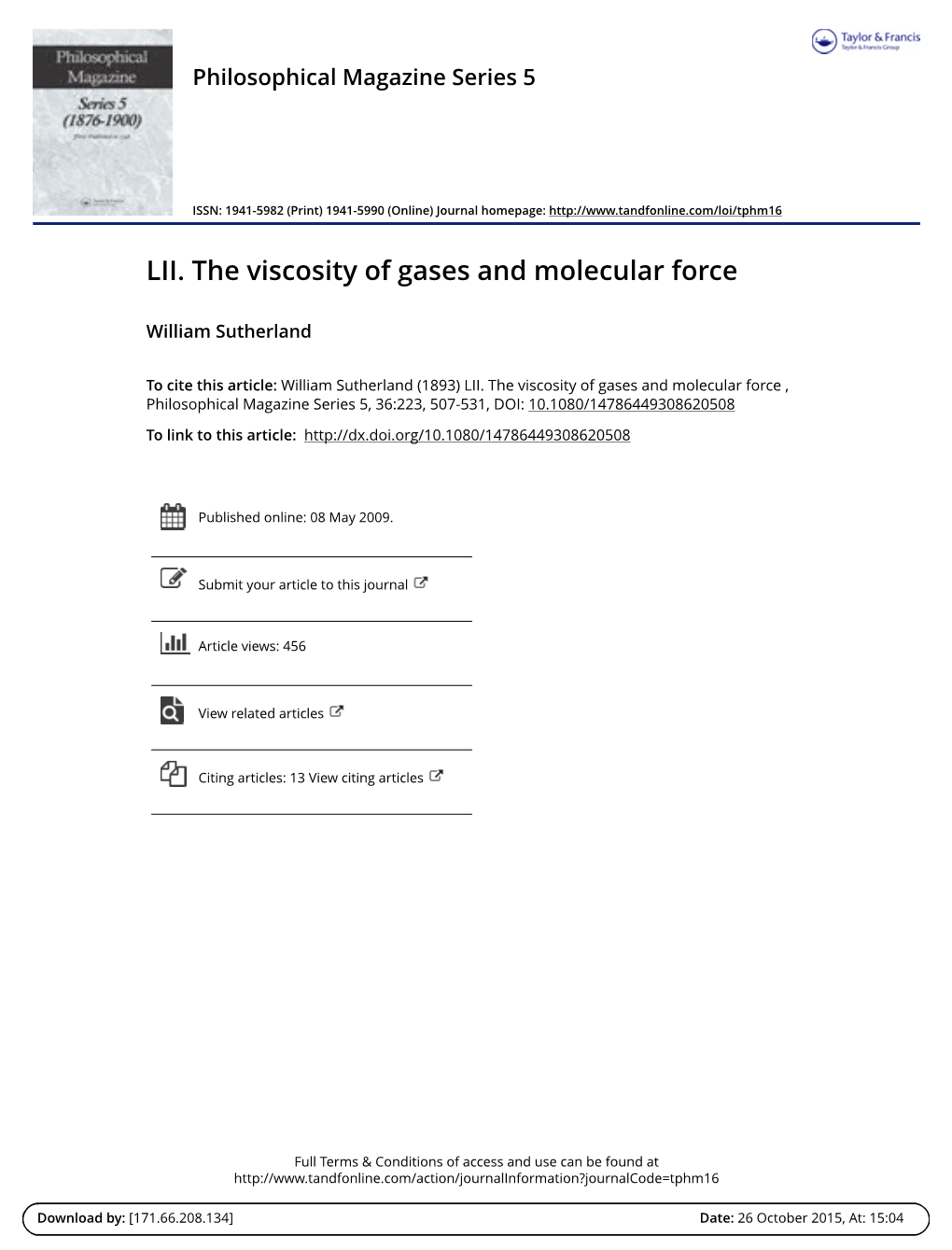 LII. the Viscosity of Gases and Molecular Force