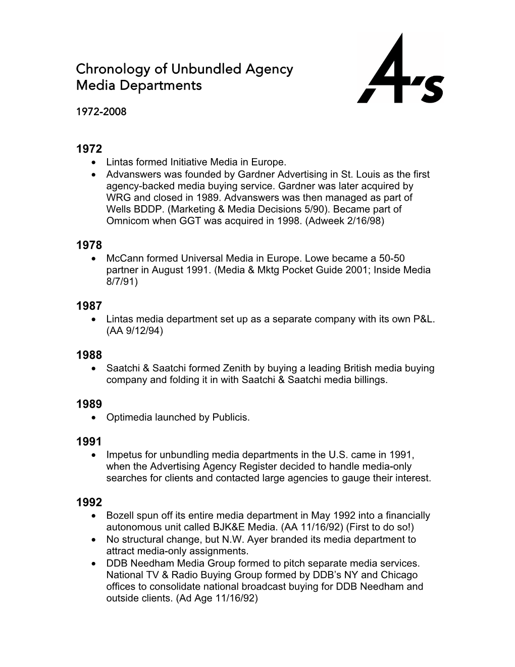 Chronology of Unbundled Agency Media Departments