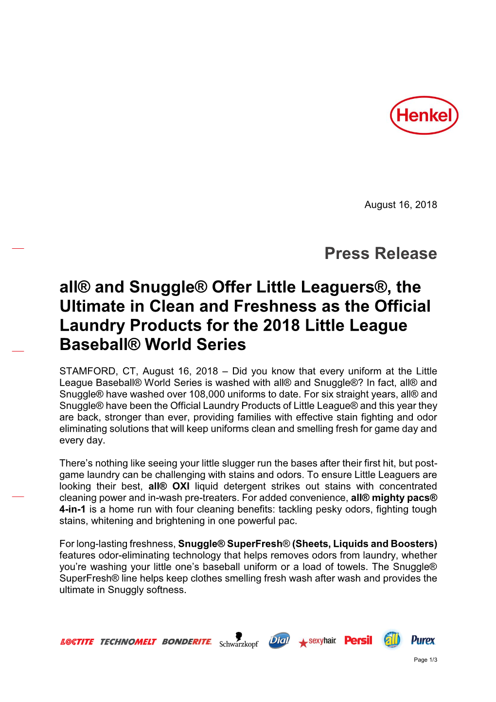 Press Release All® and Snuggle® Offer Little Leaguers®, the Ultimate