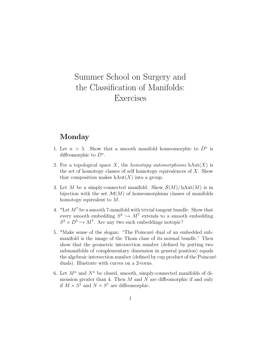 Summer School on Surgery and the Classification of Manifolds: Exercises