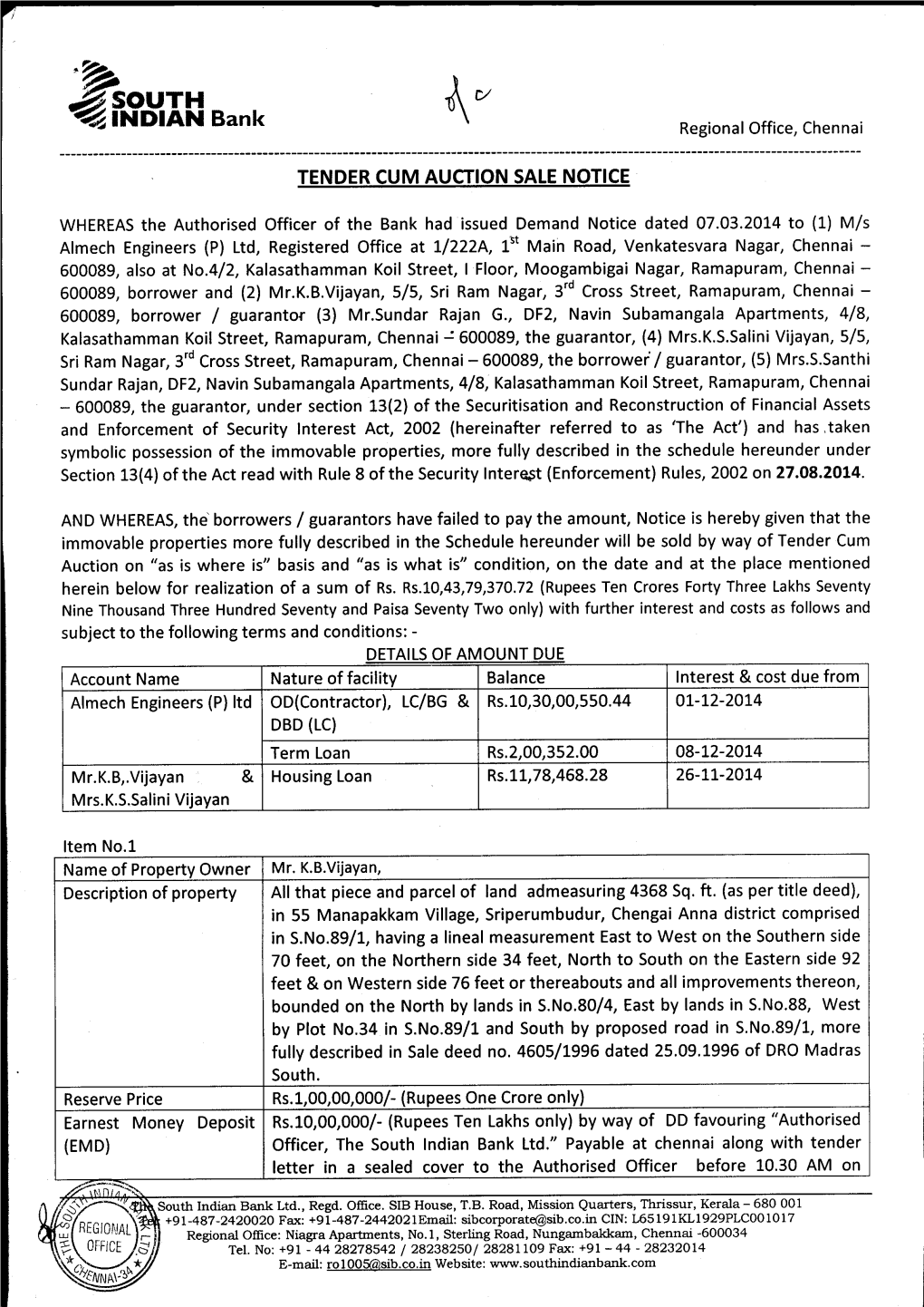 $.R,Rx X Bank Regional Office, Chennai