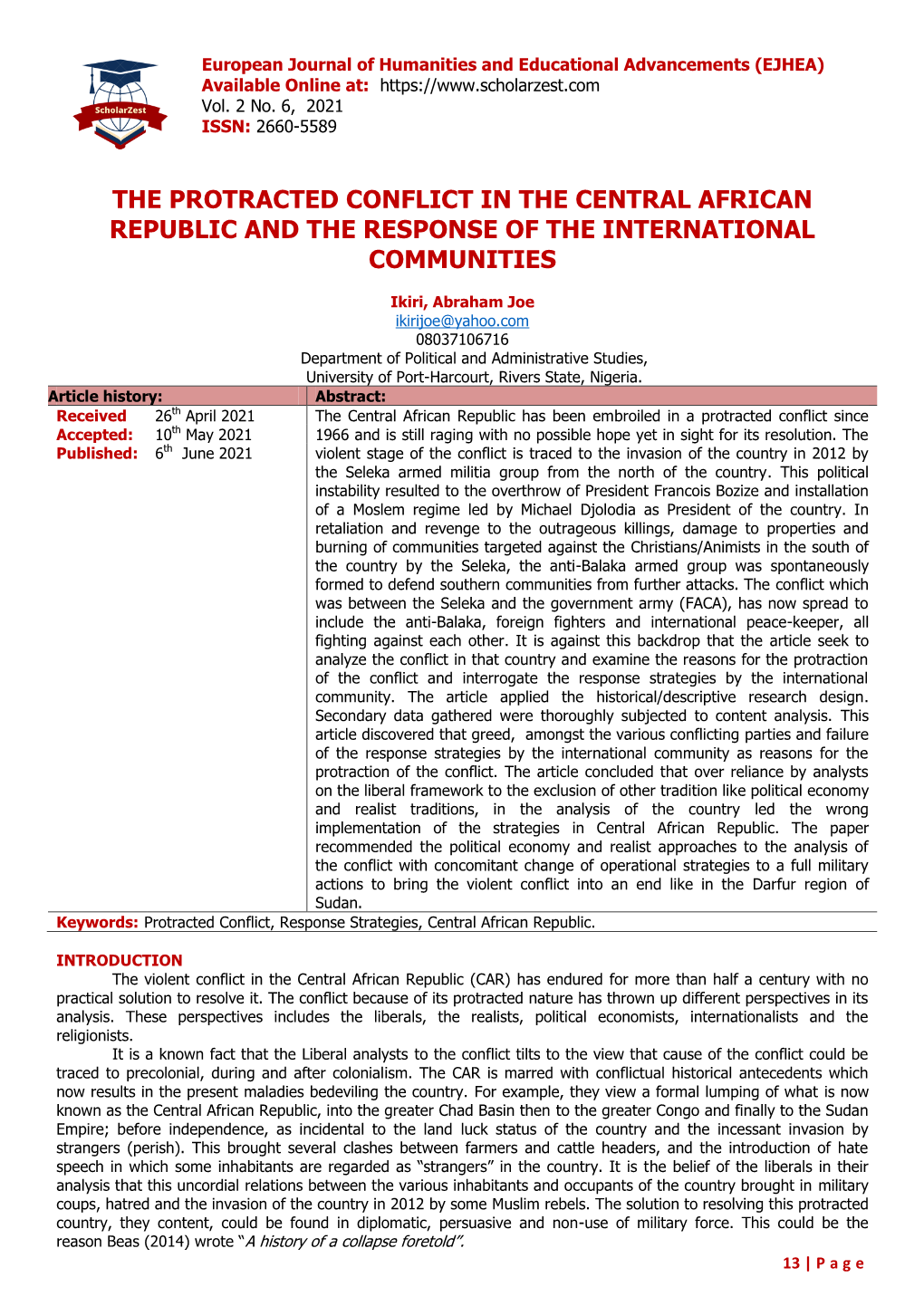 The Protracted Conflict in the Central African Republic and the Response of the International Communities