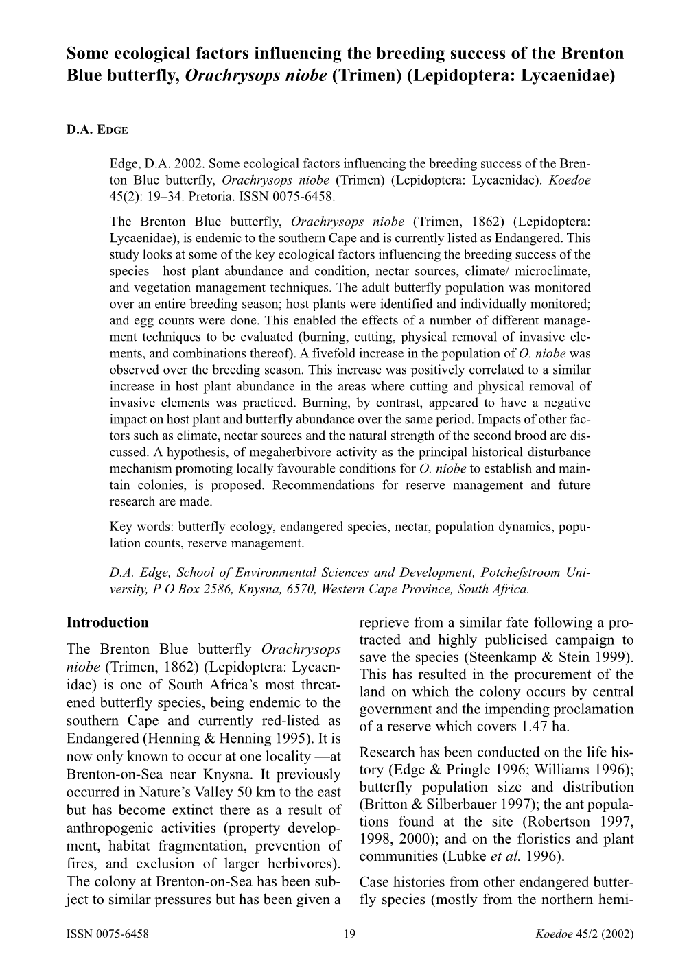 Some Ecological Factors Influencing the Breeding Success of the Brenton Blue Butterfly, Orachrysops Niobe (Trimen) (Lepidoptera: Lycaenidae)